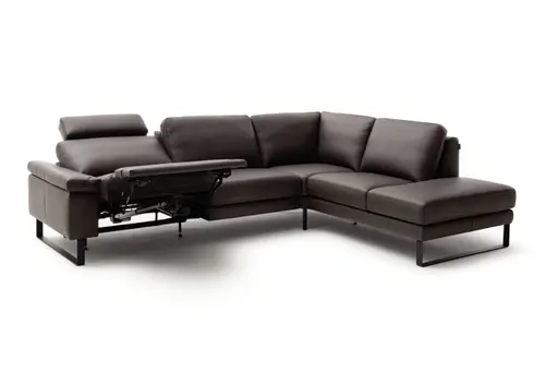 Ecksofa Enna - 3-Sitzer mit Ecke rechts inkl. motorischer Relaxfunktion, Leder, Mocca