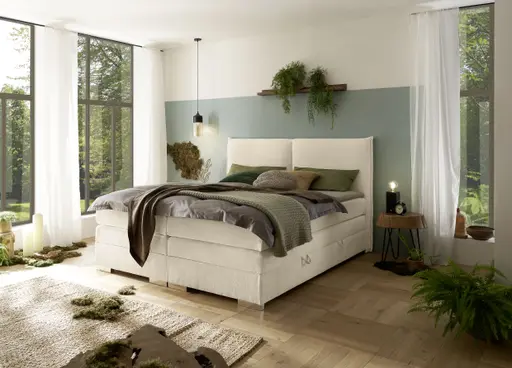 Boxspringbett SANDRIN L- Liegefläche ca. 200x200 cm, Stoff, Creme, inkl. Stauraum