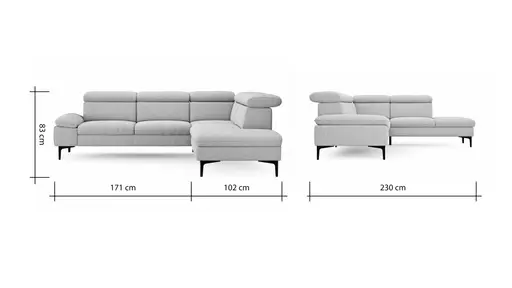 Ecksofa Felipa - 2,5-Sitzer mit Ecke rechts inkl. Kopfteil verstellbar, Stoff, Grau