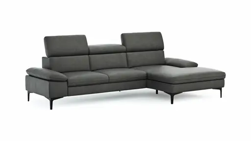 Ecksofa Felipa - 2,5-Sitzer mit Longchair rechts inkl. Kopfteil verstellbar, Leder, Grau