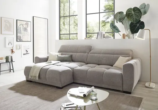 Ecksofa - Longchair links mit 2-Sitzer, Kopfteil verstellbar, Sitztiefe verstellbar motorisch, Stoff, Taupe