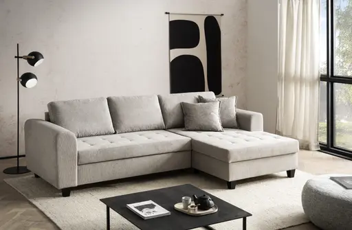 Ecksofa - 2-Sitzer, Ecke rechts inkl. Schlaffunktion mit Bettkasten, Stoff, Steingrau