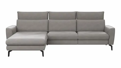 Ecksofa Avela - Longchair mit 2,5-Sitzer rechts inkl. Kopfteile verstellbar, Leder, Steingrau