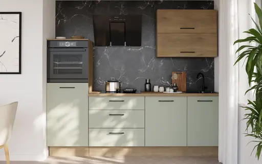 Küchenblock- ohne E-Geräte, B ca. 250 cm, Eiche Dekor, Salbei, Matt