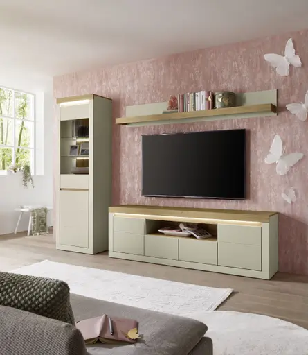TV-Lowboard - mit Beleuchtung, B ca. 194 cm, Kaschmir, Stone Eiche Nachbildung