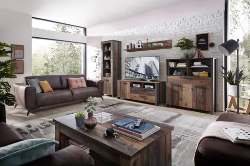 Vitrine FEA - mit Beleuchtung, Old-Wood Vintage Dekor, Betonoptik