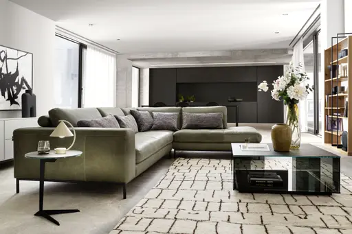 Ecksofa Solano - 2,5-Sitzer mit Ecke rechts, Leder, Olive, Relingfuß