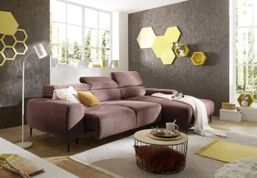 Ecksofa - 2-Sitzer mit Longchair rechts, Sitzvorzug motorisch, Kopfteil verstellbar, Stoff, Rotbusch