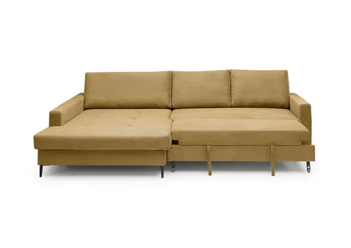 Ecksofa - Longchair links mit 3-Sitzer, Schlaffunktion mit Bettkasten, Stoff, Senfgelb