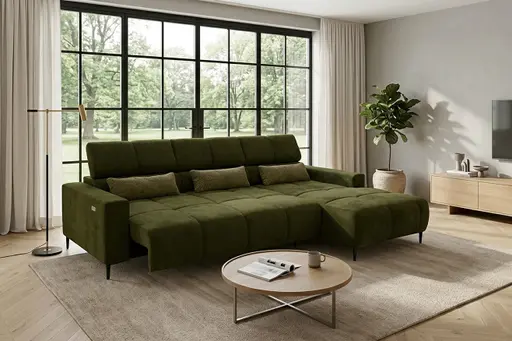 Ecksofa - 2-Sitzer mit Longchair rechts, Sitztiefe verstellbar motorisch/Kopfteil verstellbar, Stoff, Dunkelgrün