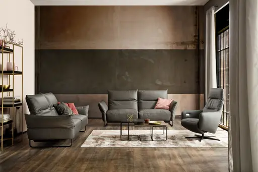 Sofa Victoria - 3-Sitzer inkl. Kopfstütze/Armlehne verstellbar, Leder, Grau