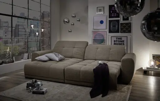 Ecksofa - Longchair links mit 2-Sitzer, Kopfteil verstellbar, Sitztiefe verstellbar motorisch, Stoff, Steingrau