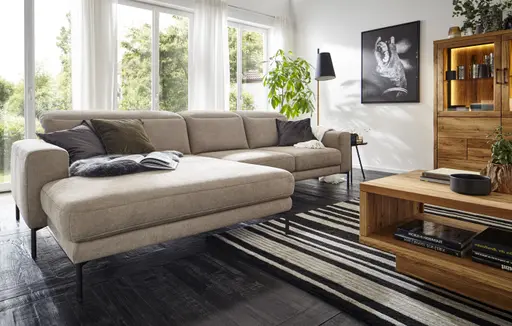 Ecksofa Rockport B - Longchair links mit 2,5-Sitzer inkl. Kopfteil/Sitztiefe verstellbar, Stoff, Khaki