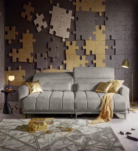Ecksofa MINAO - 1,5-Sitzer mit Longchair rechts, Sitztiefe verstellbar motorisch, Kopfteil verstellbar, Stoff, Truffle