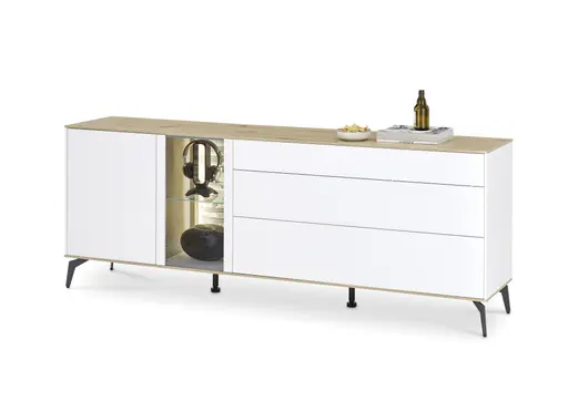 Lowboard - mit Beleuchtung, B ca. 207 cm, Weiß, Asteiche, Schwarz