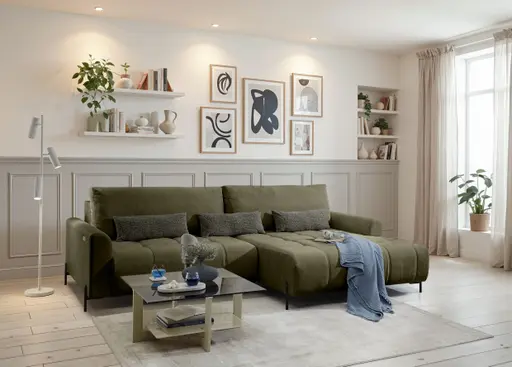 Ecksofa - 2-Sitzer mit Longchair rechts, Sitztiefe verstellbar motorisch, Stoff, Dunkelgrün