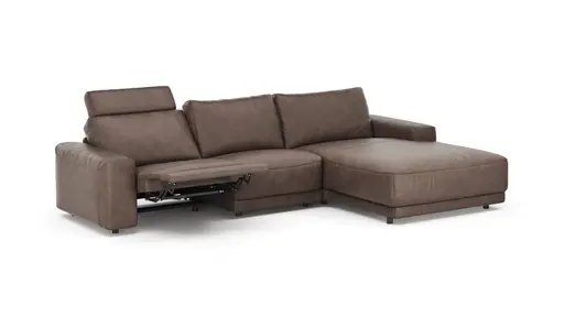 Ecksofa Balok - 2,5-Sitzer mit Longchair groß rechts, inkl. Relaxfunktion (motorisch) und Kopfstütze, Leder, Dunkelbraun