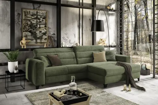 Ecksofa JAROM - 3-Sitzer, Ecke rechts inkl. Relaxfunktion (motorisch) und Kopfteil verstellbar, Stoff, Grün