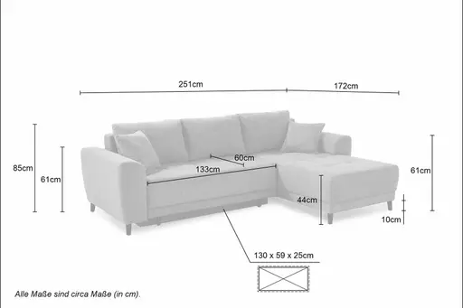 Ecksofa JONI - 2-Sitzer, Ecke rechts inkl. Schlaffunktion mit Bettkasten, Stoff, Hellgrau