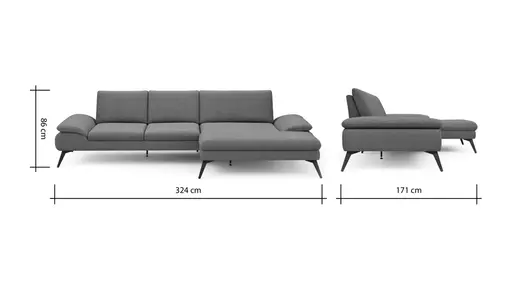 Ecksofa Collina - 2,5-Sitzer, Longchair rechts inkl. Sitztiefen- u. Armlehehnenverstellung, Stoff, Dunkelgrau
