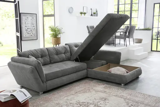 Ecksofa - 2-Sitzer, Ecke rechts inkl. Schlaffunktion und Bettkasten, Stoff, Grau