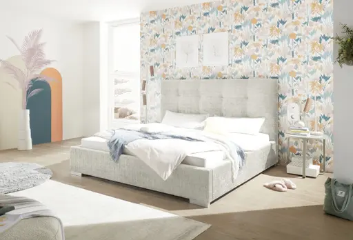 Bettgestell SANDRIN I- Liegefläche ca. 180x200 cm, Stoff, Creme, inkl. Lattenrost und Stauraum