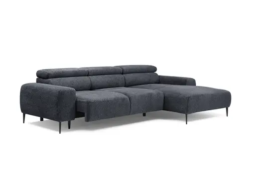 Ecksofa - 2-Sitzer mit Longchair rechts, Sitzvorzug motorisch, Kopfteil verstellbar, Stoff, Schwarzgrau