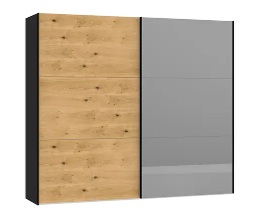 Schwebetürenschrank JOIN IT- B ca. 252 cm., Schwarz, Eiche, Furniert, Spiegel, Dunkel