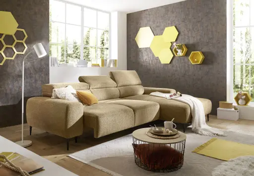 Ecksofa - 2-Sitzer mit Longchair rechts, Sitzvorzug motorisch, Kopfteil verstellbar, Stoff, Senfgelb