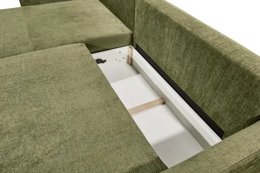 Ecksofa - Longchair links mit 2-Sitzer, Schlaffunktion mit Bettkasten, Stoff, Moosgrün