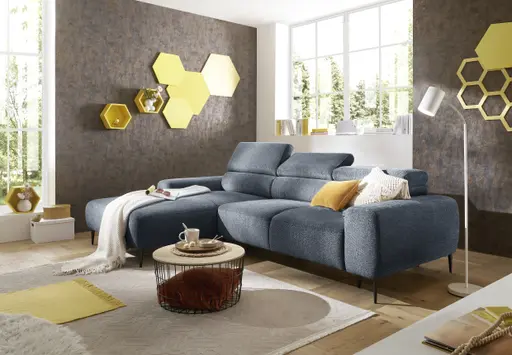Ecksofa - Longchair links mit 2-Sitzer, Sitzvorzug motorisch, Kopfteil verstellbar, Stoff, Blau