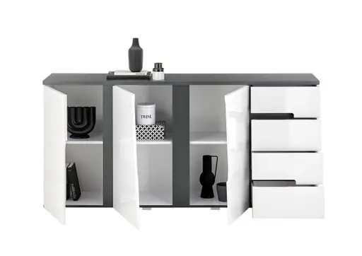 Sideboard - B ca. 176 cm, Weiß, Weiß Hochglanz, Anthrazit