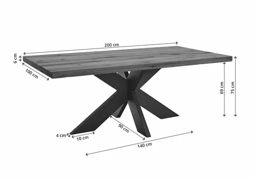 Esstisch - LB ca. 200x100 cm, Wildeiche massiv geölt, Baumkante, Schwarz