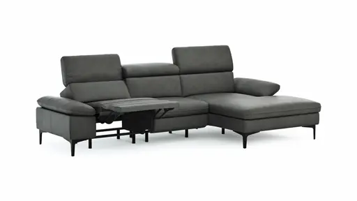 Ecksofa Felipa - 2,5-Sitzer mit Longchair rechts inkl. Armlehne verstellbar und Rückenlehne/Sitztiefe verstellbar (motorisch), Leder, Grau