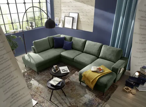 Wohnlandschaft - Ecke links mit 2-Sitzer und Longchair rechts, Stoff, Dunkelgrün