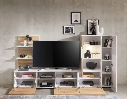 Wohnwand- Weiß, Eiche Dekor