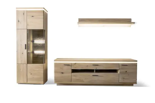 Wohnwand - mit Beleuchtung, Balkeneiche massiv