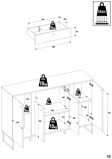 Sideboard - B ca. 135 cm, Anthrazit, Evoke Eiche Nachbildung