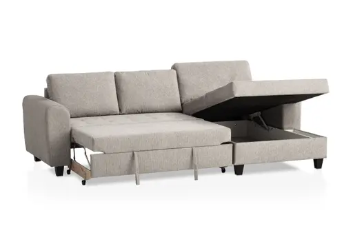 Ecksofa - 2-Sitzer, Ecke rechts inkl. Schlaffunktion mit Bettkasten, Stoff, Steingrau
