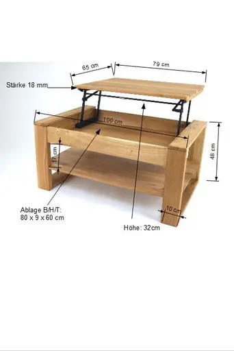 Couchtisch - höhenverstellbar, LB ca. 100x65 cm, Eiche massiv geölt