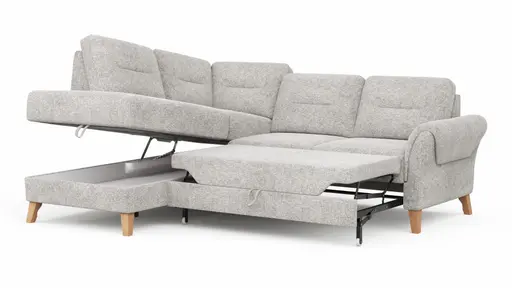 Ecksofa Almyra - Ottomane links mit 2,5-Sitzer, inkl. Schlaffunktion und Bettkasten, Stoff, Silbergrau