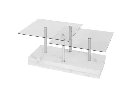 Couchtisch - LB ca. 110x60 cm, Glas, Edelstahloptik, Weiß marmoriert