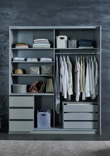 Schwebetürenschrank- B168 cm, Hellgrau, Graphit, Spiegel