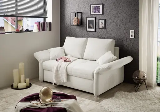 Sofa JORDEN - 1,5-Sitzer inkl. Schlaffunktion mit Bettkasten, verstellbare Armlehnen, Stoff, Creme