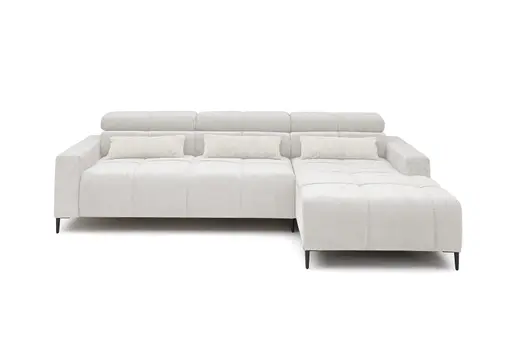 Ecksofa - 2-Sitzer mit Longchair rechts, Sitztiefe verstellbar motorisch/Kopfteil verstellbar, Stoff, Creme