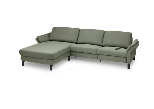 Ecksofa CALM PREMIUM 2.0 - Longchair links mit 3-Sitzer, Relaxfunktion motorisch, Armlehne verstellbar, Stoff, Dunkelgrün