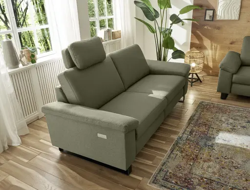 Sofa CALM PLUS 2.0 - 3-Sitzer, Relaxfunktion teilmotorisch inkl. Kopftstütze, Stoff, Olive
