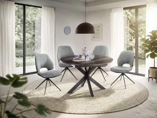 Esstisch - ausziehbar, Ø/H ca. 130x79 cm, Keramikoptik grau, Schwarz