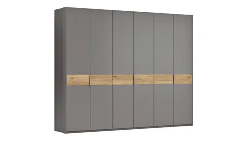 Drehtürenschrank Viana - B ca. 303 cm, Lack, Steingrau, Riffholz, Wildeiche
