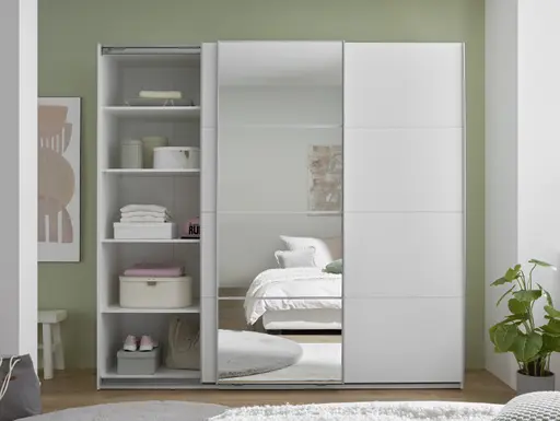 Schwebetürenschrank- B ca. 215 cm, Weiß, Spiegel